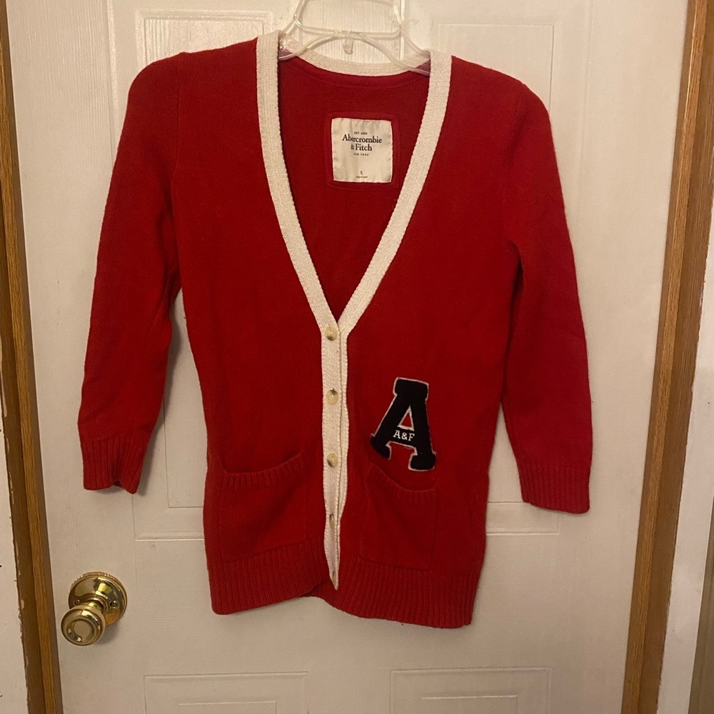 Abercrombie & Fitch Red V-Neck Varsity Cardigan Sweater Y2K - Picture 3 of 10